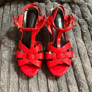 YSL Saint Laurent Red Patent Strappy Platform Heels